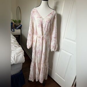 H&M Floral Midi Dress Pink Cream Long Sleeve Tie Waist Size M